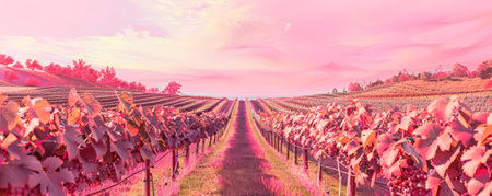 Summer vacation concept on a pink background featuring a picturesque vineyard. Rows of grapevines, a tasting table, and a sunny day are all surrounded by vibrant pink tones, suggesting relaxation and enjoyment.の素材