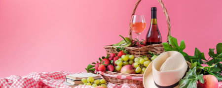 Summer vacation concept on a pink background showcasing a cozy beach picnic. A picnic blanket with a basket full of fruits, a bottle of wine, and a couple of books create a relaxing atmosphere. The pink backdrop enhances the joyful, leisurely vibe.の素材