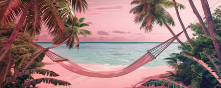Summer vacation concept on a pink background showcasing a tropical island escape. A secluded beach, crystal-clear waters, and a hammock swaying between palm trees are framed by vibrant pinks.の素材