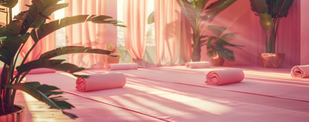 Summer vacation concept on a pink background with a relaxing yoga retreat. A serene outdoor space with yoga mats, tranquil scenery, and calming pink tones suggests peace and rejuvenation.の素材