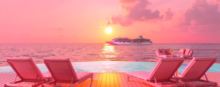 Summer vacation concept on a pink background showing a luxury cruise. A cruise ship on the horizon, with lounge chairs and a cocktail on deck, framed by a bright pink sunset, conveys relaxation and adventure.の素材