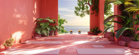 Summer vacation concept on a pink background with a relaxing yoga retreat. A serene outdoor space with yoga mats, tranquil scenery, and calming pink tones suggests peace and rejuvenation.の素材