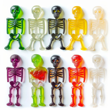 A selection of skeleton-shaped candies, isolated on white backgroundの素材