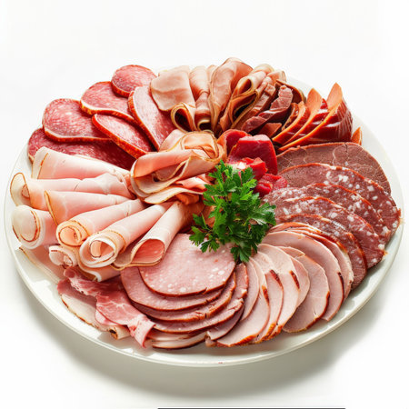 A platter of assorted deli meats including turkey, ham, and roast beef, isolated on white backgroundの素材