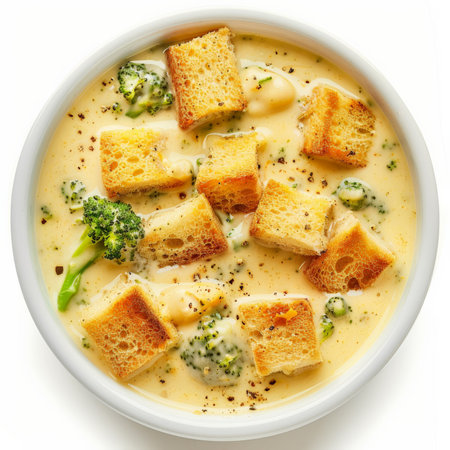 A bowl of creamy broccoli cheddar soup with croutons, isolated on white backgroundの素材