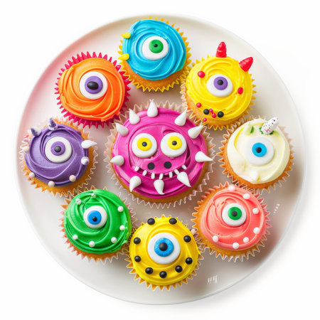 A plate of monster-shaped cupcakes with colorful frosting and googly eyes, isolated on white backgroundの素材