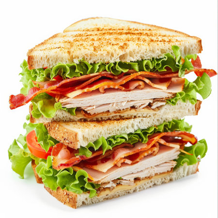 A classic club sandwich with turkey, bacon, lettuce, tomato, and mayonnaise, isolated on white backgroundの素材