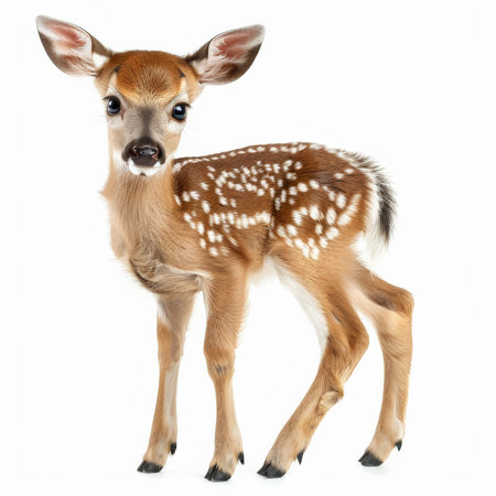 A tiny fawn with big eyes and white spots on its back, standing and looking curious, isolated on white backgroundの素材