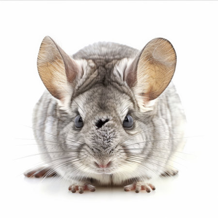 A fluffy baby chinchilla with big ears and a curious expression, isolated on white backgroundの素材