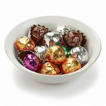 A bowl of assorted bonbons in shiny wrappers, isolated on white backgroundの素材