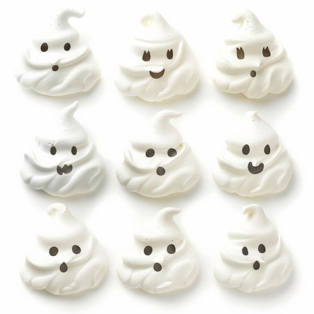 A selection of ghost-themed meringue cookies, isolated on white backgroundの素材