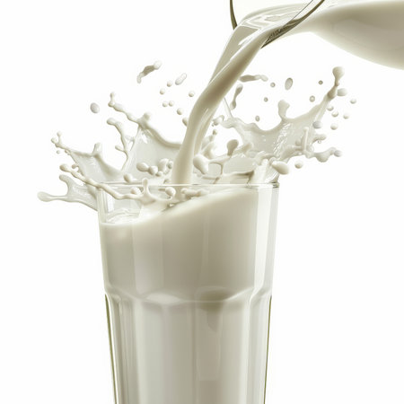 A jug of fresh milk pouring into a glass, with splashes captured mid-air, isolated on white backgroundの素材