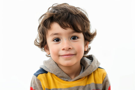 Energetic Latin preschool-aged boy with a warm expression, looking into the camera, isolated on white background.の素材