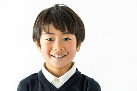 Handsome Japanese school-aged boy with an inviting smile, looking at the camera, isolated on white background.の素材