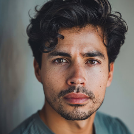 Handsome Hispanic man with expressive eyes, facing the camera.の素材