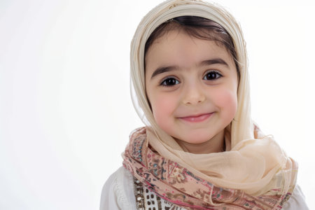 Lovely Arabian preschool-aged girl with a kind smile, looking at the camera, isolated on white background.の素材