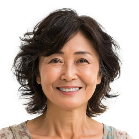Beautiful mid aged mature Japanese woman with a warm smile, looking at the camera, isolated on white background.の素材