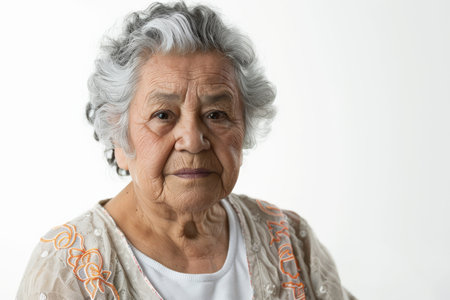 Beautiful elderly Latin woman with a warm expression, looking into the camera, isolated on white background.の素材