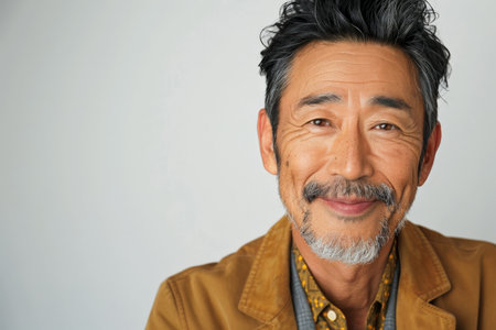 Stunning mid aged mature Japanese man with a gentle smile, looking at the camera, isolated on white background.の素材