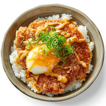 A serving of katsudon, breaded and fried pork cutlet served over a bowl of rice with a savory egg and onion sauce, isolated on white background.の素材