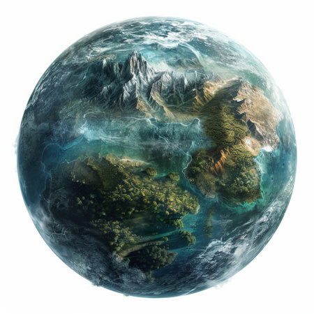 A habitable planet with diverse landscapes including mountains, forests, and oceans, suggesting the presence of life, isolated on white background.の素材