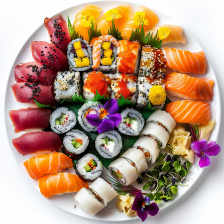 A beautifully arranged sushi platter with colorful rolls, nigiri, and sashimi, garnished with edible flowers, isolated on white background.の素材