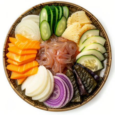 A traditional Japanese tsukemono platter with a variety of pickled vegetables such as cucumber, daikon radish, and eggplant, isolated on white background.の素材