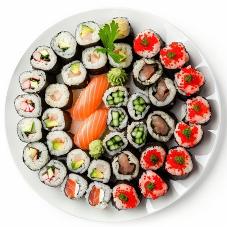 A beautifully arranged platter of sushi rolls with different fillings such as tuna, salmon, and avocado, garnished with pickled ginger and wasabi, isolated on white background.の素材