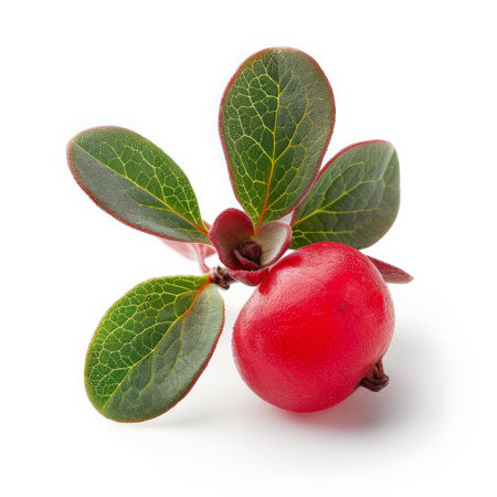 A close-up of a juicy bearberry with a bright red hue, isolated on white backgroundの素材