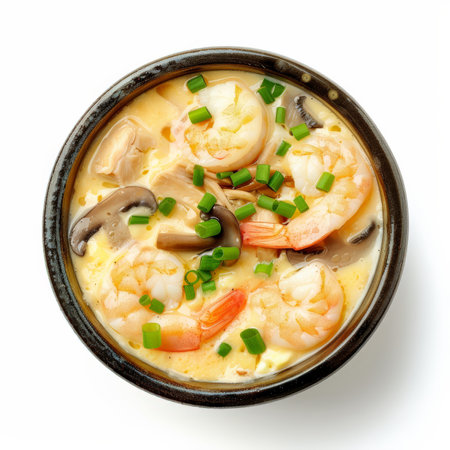A bowl of chawanmushi, a savory Japanese egg custard with shrimp, chicken, and mushrooms, garnished with green onions, isolated on white background.の素材