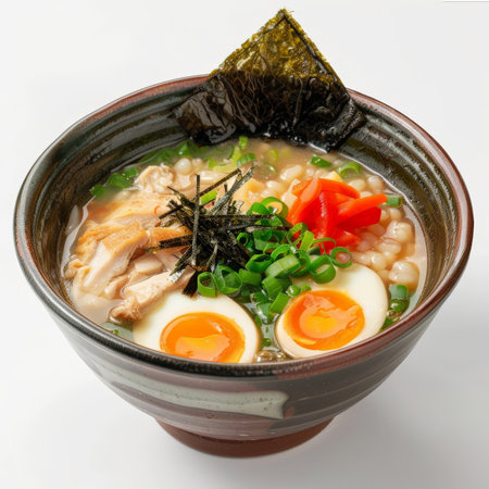 A bowl of Japanese zosui, rice soup with chicken, vegetables, and egg, garnished with green onions and nori strips, isolated on white background.の素材