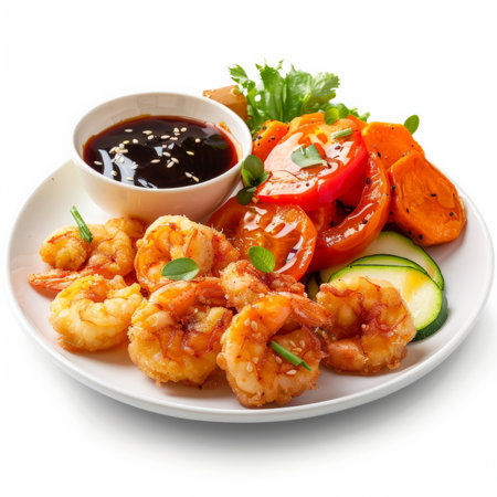 A plate of tempura shrimp and vegetables, including sweet potato, zucchini, and bell pepper, served with a side of dipping sauce, isolated on white background.の素材