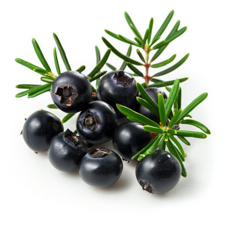 A close-up of a ripe crowberry with a deep black color, isolated on white backgroundの素材