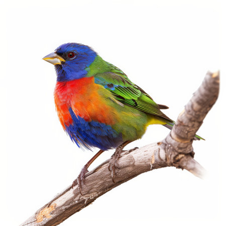 A colorful painted bunting with its bright blue, green, and red feathers, perched on a branch, isolated on white background.の素材