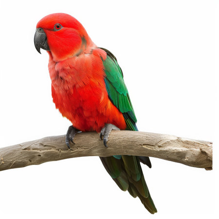 A colorful king parrot with its bright red and green feathers, perched on a branch, isolated on white background.の素材