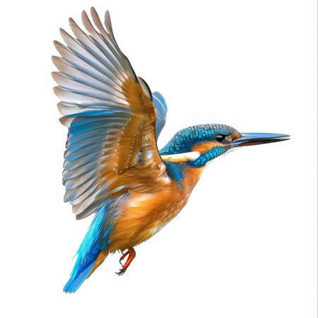 A kingfisher diving towards water, wings tucked back and beak pointed down, isolated on white background.の素材