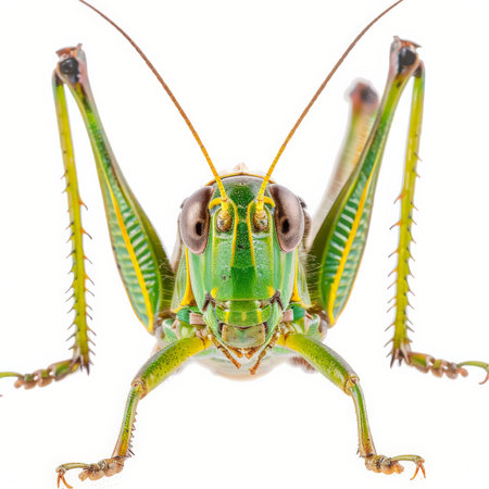 A detailed view of a green and yellow grasshopper, isolated on white backgroundの素材
