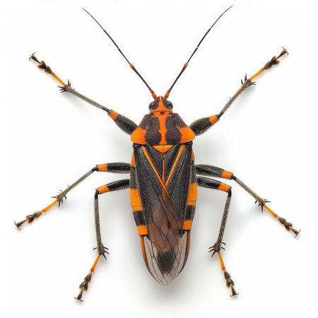 A detailed view of a brown and orange leaf-footed bug, isolated on white backgroundの素材