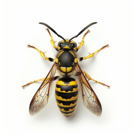 A detailed image of a yellow and black striped hornet, isolated on white backgroundの素材