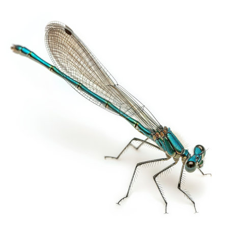 A close-up of a shimmering blue damselfly with delicate wings, isolated on white backgroundの素材