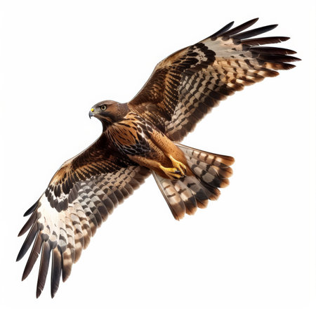 A striking harrier hawk in flight, wings spread wide and talons ready, isolated on white background.の素材