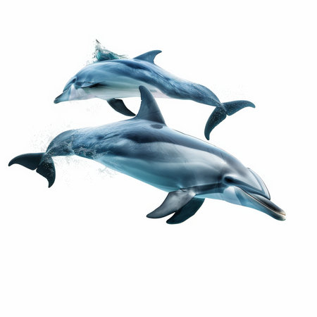 A pair of playful dolphins swimming together, isolated on white backgroundの素材