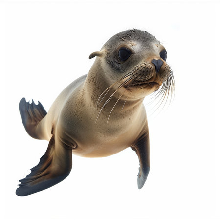 A playful sea lion pup swimming, isolated on white backgroundの素材