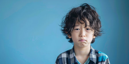 a Japanese boy expressing sadness on a studio backgroundの素材