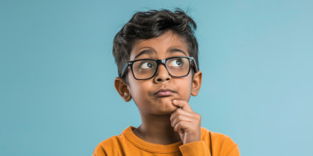 an Indian boy showing confusion on a studio backgroundの素材