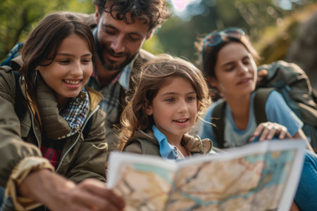 a family exploring a historical site together, with informative signs and engaged expressions, promoting educational travel and family activities.の素材