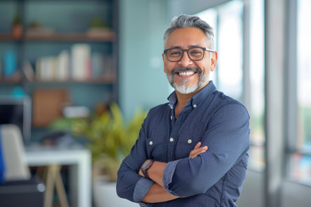 a Hispanic entrepreneur radiating confidence and professionalism in a modern office.の素材