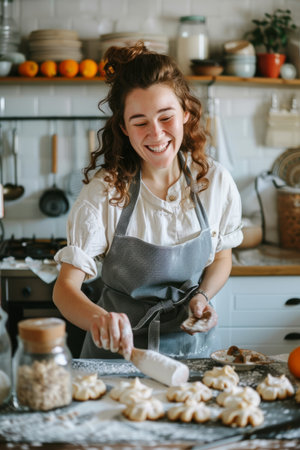 a person baking cookies in a bright kitchen, with ingredients, rolling pin, and cheerful expressions, illustrating baking and domestic joy.の素材