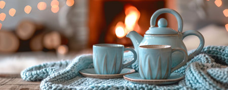 A cozy tea background with a teapot and two cups placed on a knitted tablecloth, set against a backdrop of a fireplace and a comfy armchairの素材