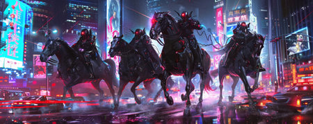 A futuristic scene of the Four Horsemen of the Apocalypse, each on cybernetic horses, riding through a dystopian cityscape. The background features neon lights, towering skyscrapers, and chaos in the streets.の素材